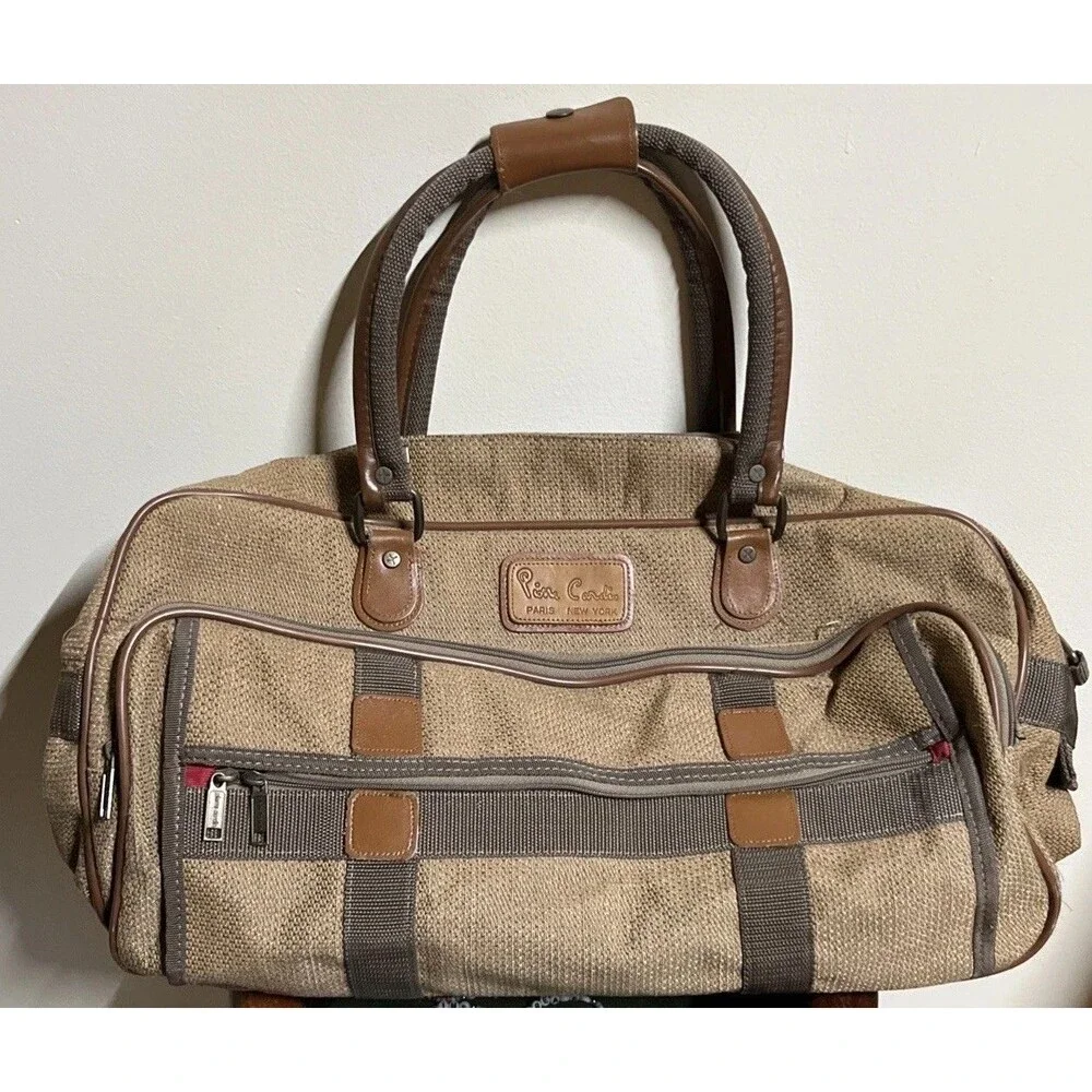 Iconic Pierre Cardin Travel Gym Bag 4 zip Suitcase Brown Tweed Luggage Tag